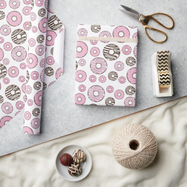 Pattern Of Donuts, Pink Donuts, White Donuts Wrapping Paper (Crafts)