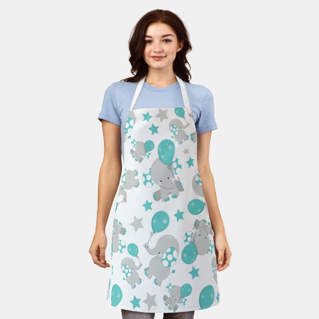 Pattern Of Elephants, Cute Elephants - Blue Gray Apron (Worn)