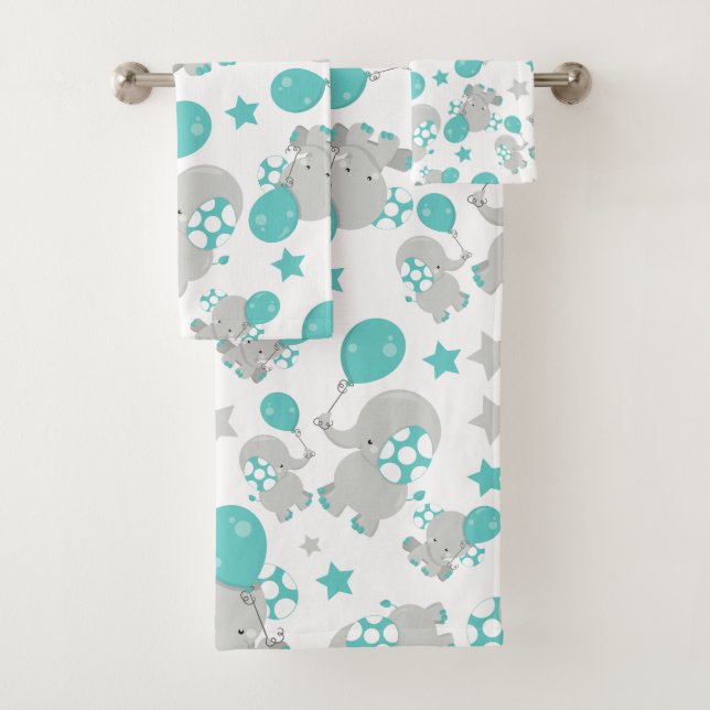 Pattern Of Elephants, Cute Elephants - Blue Gray Bath Towel Set (Insitu)