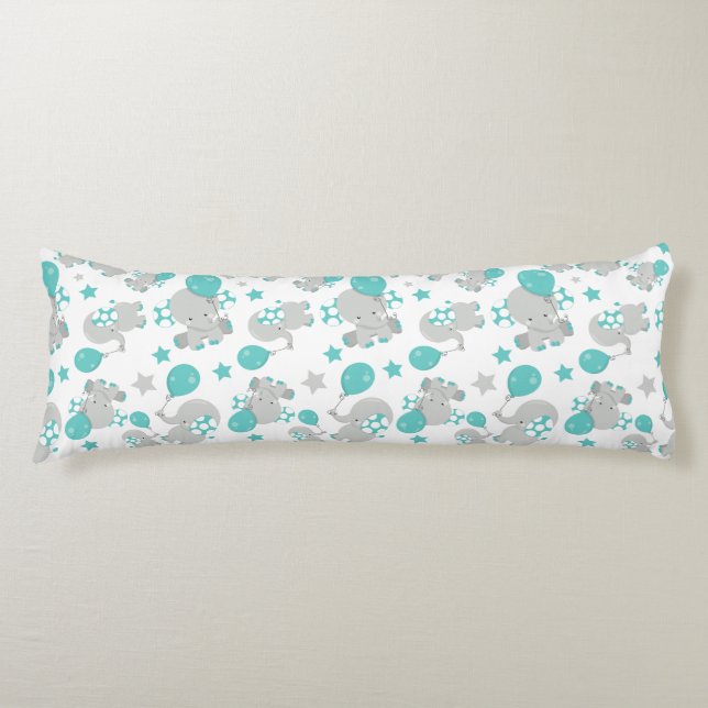 Pattern Of Elephants, Cute Elephants - Blue Gray Body Pillow (Front)