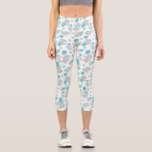 Pattern Of Elephants Cute Elephants _ Blue Gray Capri Leggings