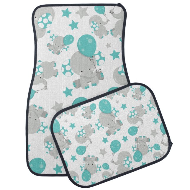 Pattern Of Elephants, Cute Elephants - Blue Gray Car Floor Mat (Set)