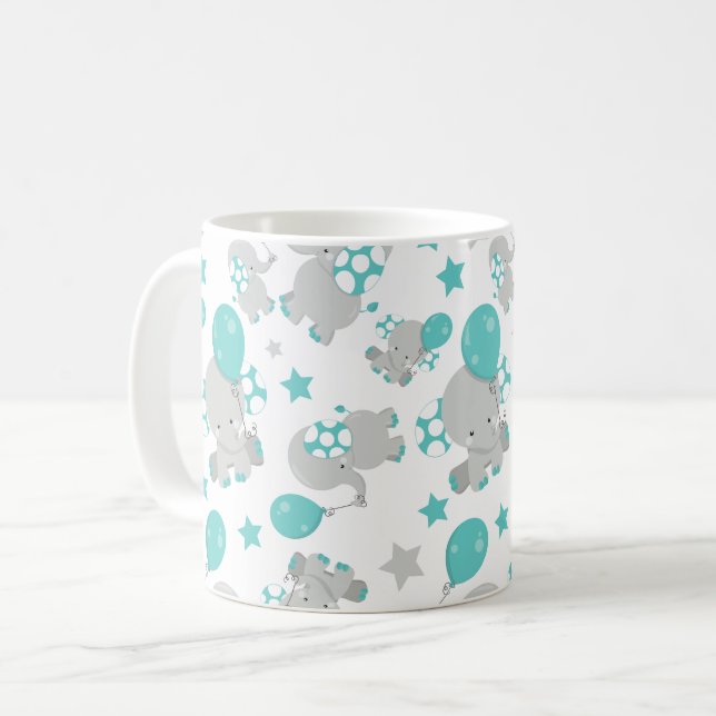 Pattern Of Elephants, Cute Elephants - Blue Gray Coffee Mug (Front Left)