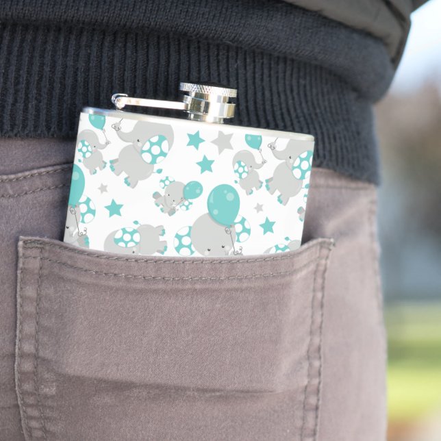 Pattern Of Elephants, Cute Elephants - Blue Gray Flask (In Situ)