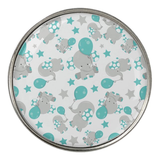 Pattern Of Elephants, Cute Elephants - Blue Gray Golf Ball Marker (Front)