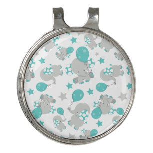 Pattern Of Elephants, Cute Elephants - Blue Gray Golf Hat Clip