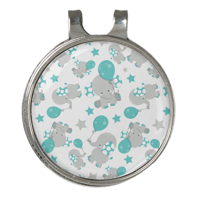 Pattern Of Elephants, Cute Elephants - Blue Gray Golf Hat Clip (Front)