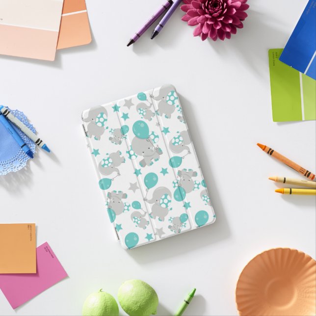 Pattern Of Elephants, Cute Elephants - Blue Gray iPad Mini Cover (In Situ)