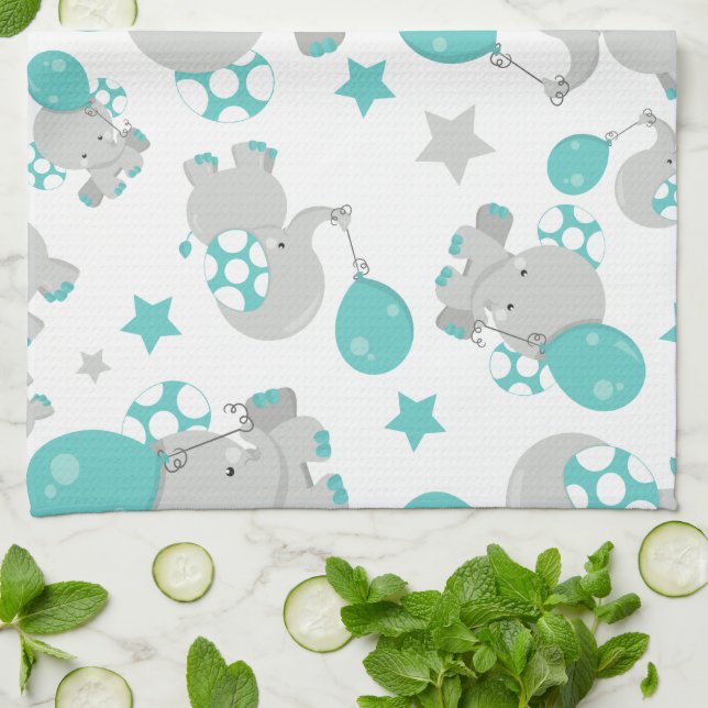 Pattern Of Elephants, Cute Elephants - Blue Gray Kitchen Towel (Folded)