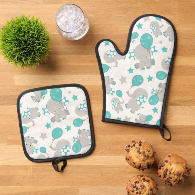 Pattern Of Elephants, Cute Elephants - Blue Gray Oven Mitt & Pot Holder Set (Top Down)