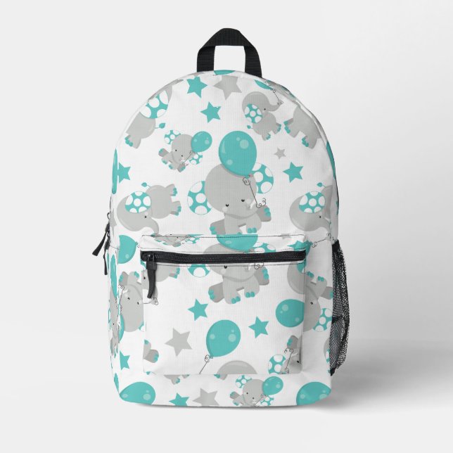 Pattern Of Elephants, Cute Elephants - Blue Gray Printed Backpack (Front)