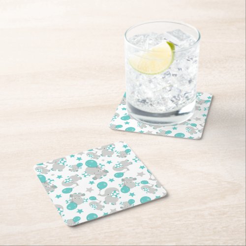 Pattern Of Elephants Cute Elephants _ Blue Gray Square Paper Coaster