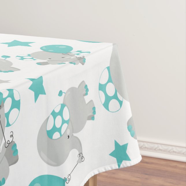 Pattern Of Elephants, Cute Elephants - Blue Gray Tablecloth (In Situ)