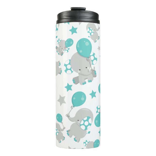 Pattern Of Elephants, Cute Elephants - Blue Gray Thermal Tumbler (Front)