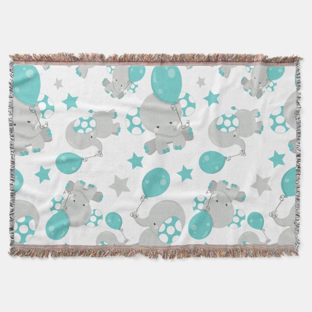 Pattern Of Elephants, Cute Elephants - Blue Gray Throw Blanket (Front)