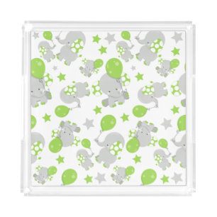 Pattern Of Elephants, Cute Elephants - Green Gray Acrylic Tray