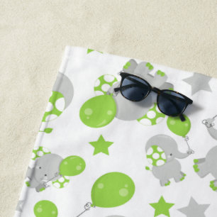Pattern Of Elephants, Cute Elephants - Green Gray Beach Towel