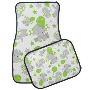 Pattern Of Elephants, Cute Elephants - Green Gray Car Floor Mat