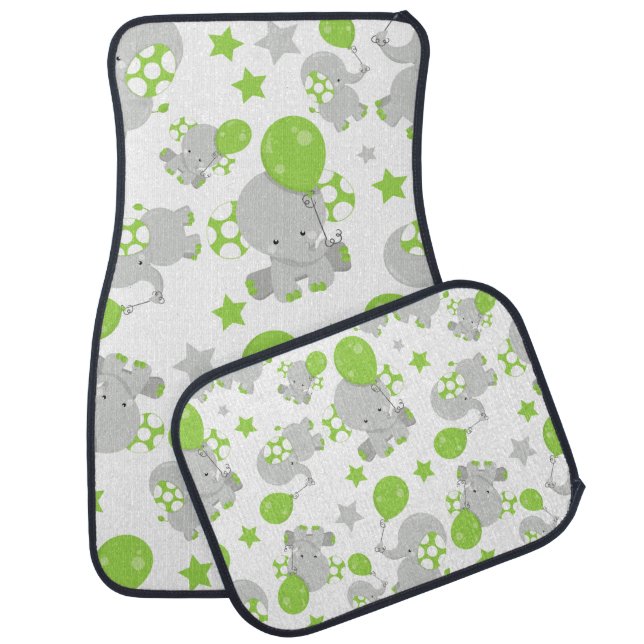 Pattern Of Elephants, Cute Elephants - Green Gray Car Floor Mat (Set)