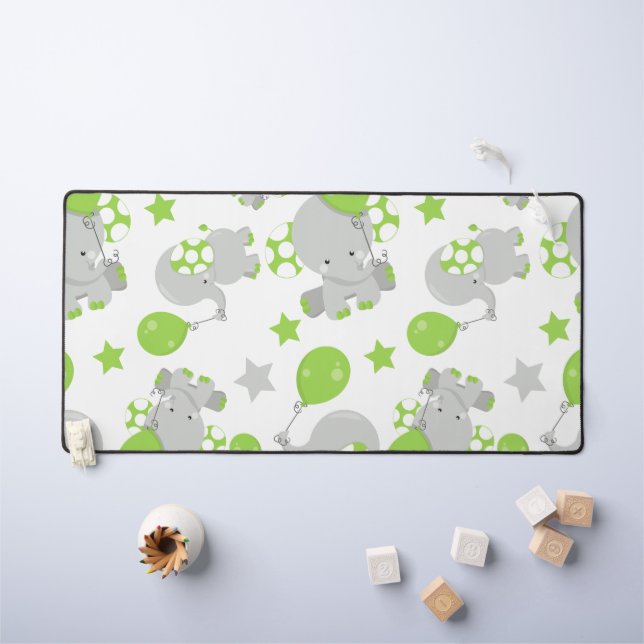 Pattern Of Elephants, Cute Elephants - Green Gray Desk Mat (Kids Table)