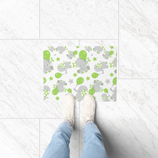 Pattern Of Elephants, Cute Elephants - Green Gray Doormat (Indoor)