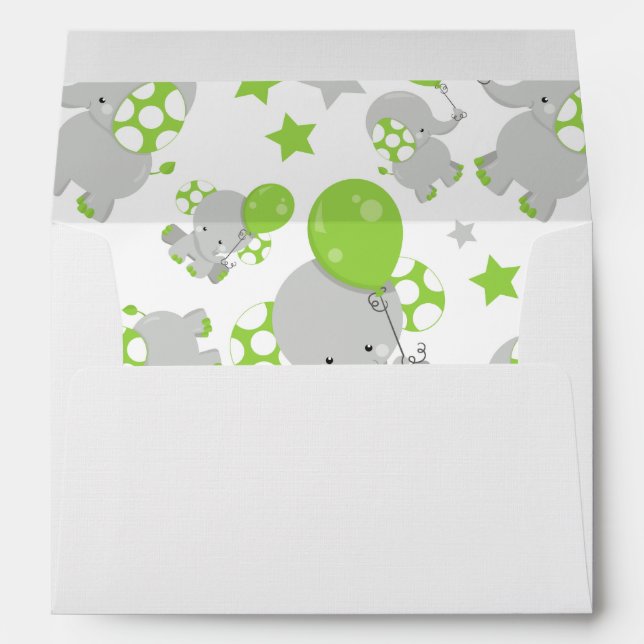Pattern Of Elephants, Cute Elephants - Green Gray Envelope (Back (Bottom))