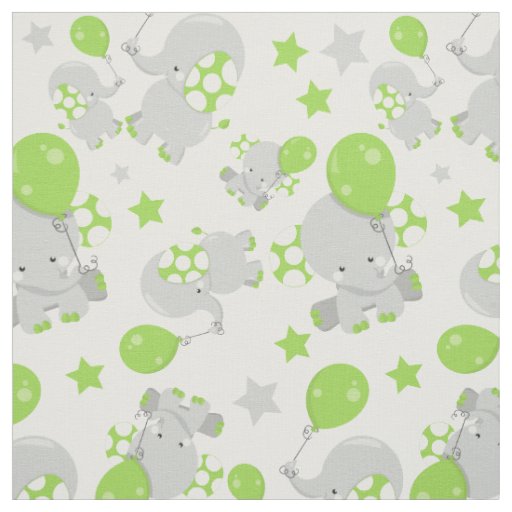 Pattern Of Elephants, Cute Elephants - Green Gray Fabric