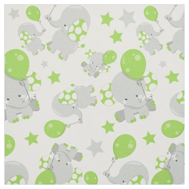 Pattern Of Elephants, Cute Elephants - Green Gray Fabric (Swatch)