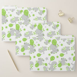Pattern Of Elephants, Cute Elephants - Green Gray File Folder