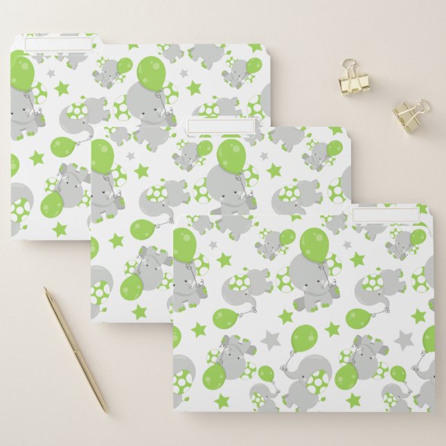 Pattern Of Elephants, Cute Elephants - Green Gray File Folder (Set)