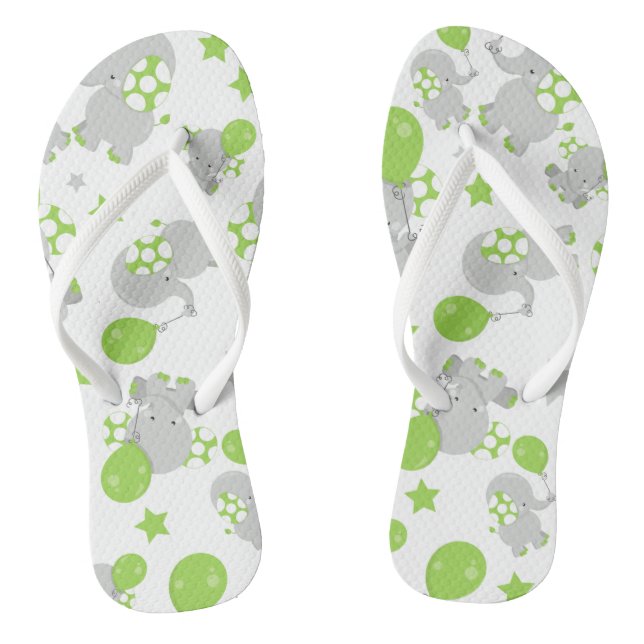 Pattern Of Elephants, Cute Elephants - Green Gray Flip Flops (Footbed)