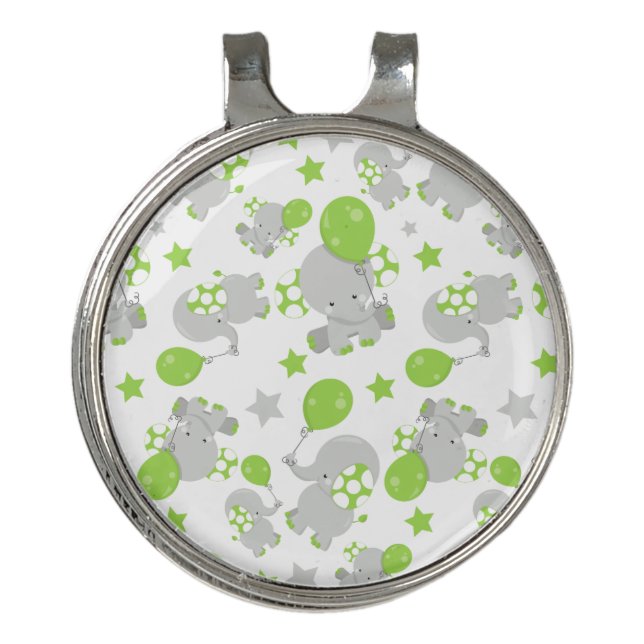 Pattern Of Elephants, Cute Elephants - Green Gray Golf Hat Clip (Front)