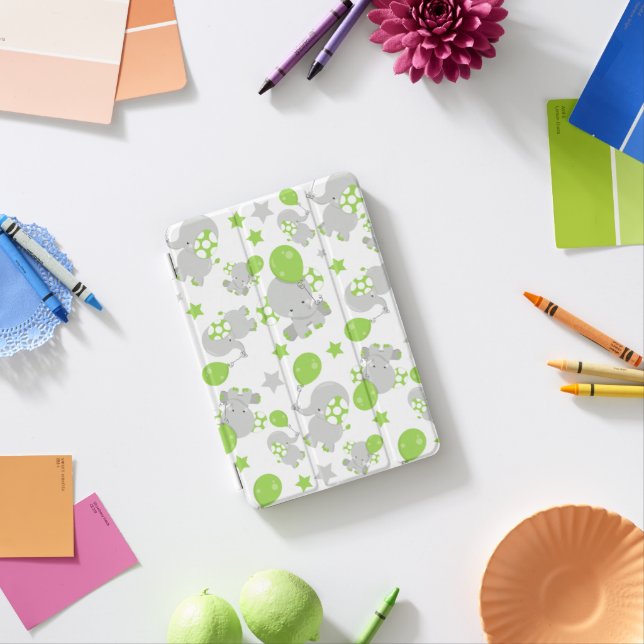 Pattern Of Elephants, Cute Elephants - Green Gray iPad Mini Cover (In Situ)
