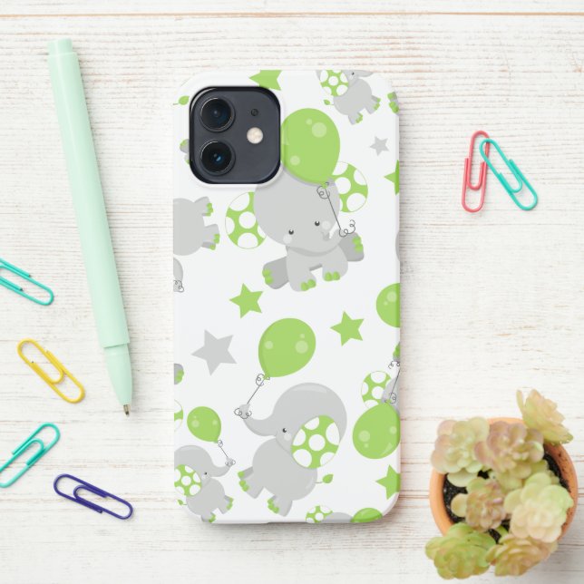 Pattern Of Elephants, Cute Elephants - Green Gray iPhone Case (On Desk)