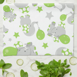 Pattern Of Elephants, Cute Elephants - Green Gray Kitchen Towel