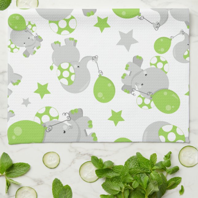 Pattern Of Elephants, Cute Elephants - Green Gray Kitchen Towel (Folded)