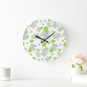 Pattern Of Elephants, Cute Elephants - Green Gray Large Clock