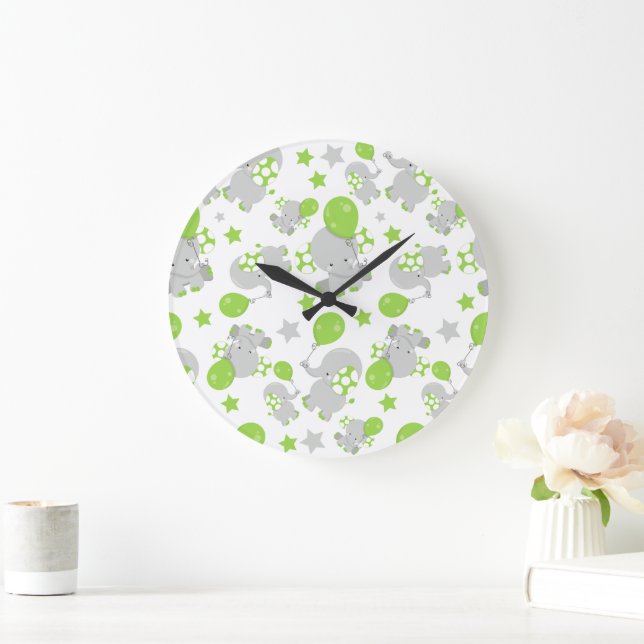 Pattern Of Elephants, Cute Elephants - Green Gray Large Clock (Home)