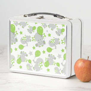 Pattern Of Elephants, Cute Elephants - Green Gray Metal Lunch Box