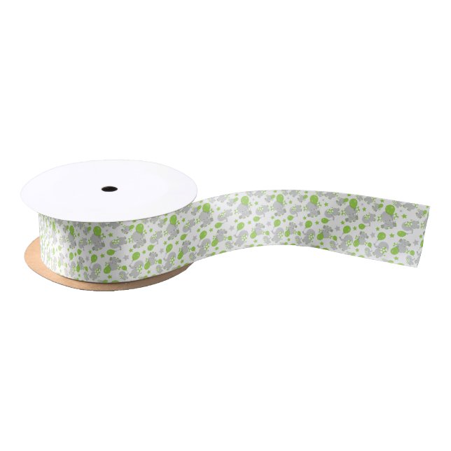 Pattern Of Elephants, Cute Elephants - Green Gray Satin Ribbon (Spool)
