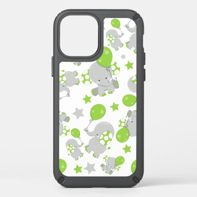 Pattern Of Elephants, Cute Elephants - Green Gray Speck iPhone 12 Case (Front)