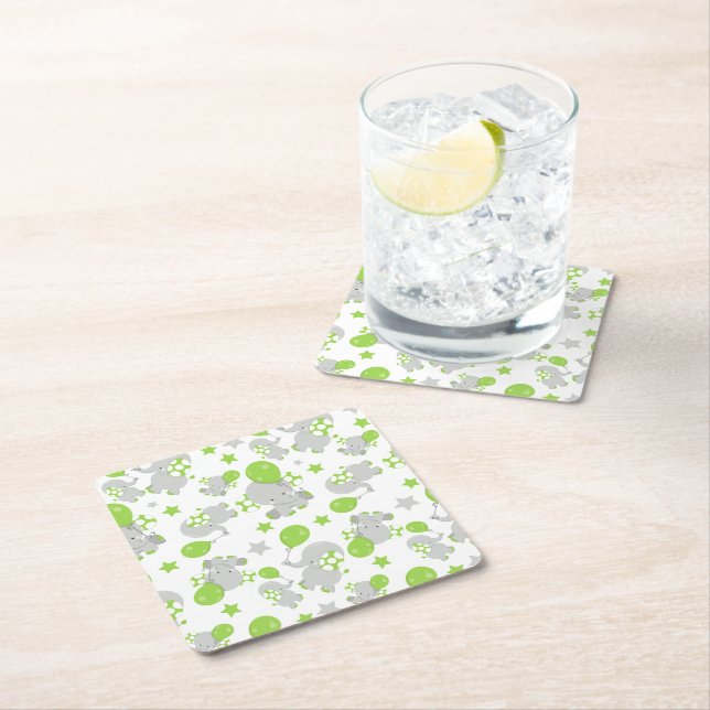 Pattern Of Elephants, Cute Elephants - Green Gray Square Paper Coaster (Insitu)