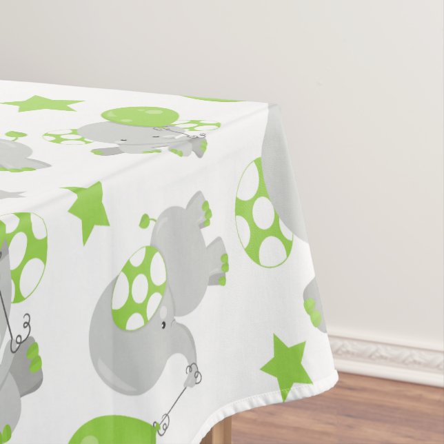 Pattern Of Elephants, Cute Elephants - Green Gray Tablecloth (In Situ)