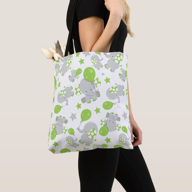 Pattern Of Elephants, Cute Elephants - Green Gray Tote Bag (Close Up)
