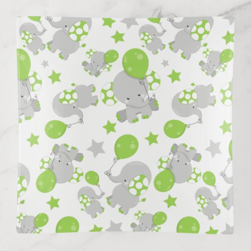 Pattern Of Elephants Cute Elephants _ Green Gray Trinket Tray