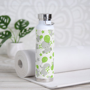 Pattern Of Elephants, Cute Elephants - Green Gray Water Bottle