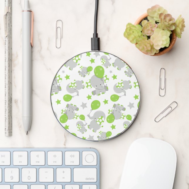 Pattern Of Elephants, Cute Elephants - Green Gray Wireless Charger (Desk)