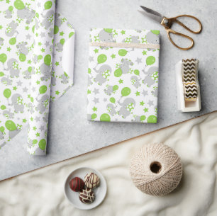 Pattern Of Elephants, Cute Elephants - Green Gray Wrapping Paper
