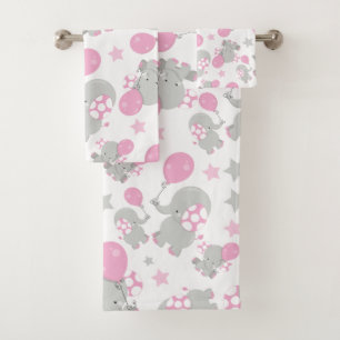 Pattern Of Elephants, Cute Elephants - Pink Gray Bath Towel Set