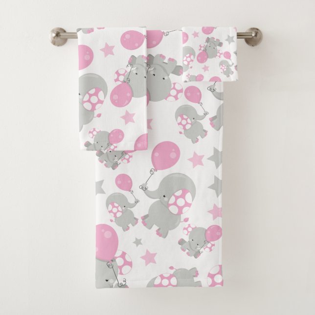 Pattern Of Elephants, Cute Elephants - Pink Gray Bath Towel Set (Insitu)